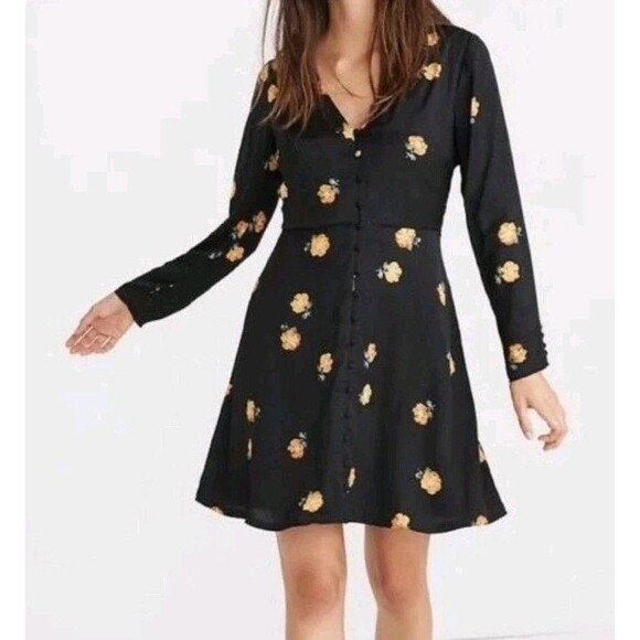 Madewell Mini Dress Sz 10 Black Yellow Floral V-Neck Long Sleeve Sunflower Boho - Picture 1 of 16